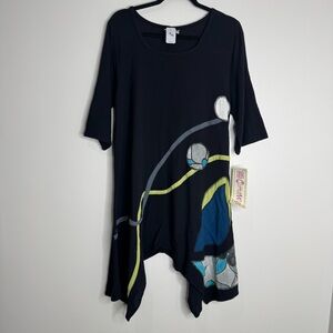 NWT Cotton Ways Gauze Black Abstract Art to Wear Asymmetrical Tunic Dress S/m